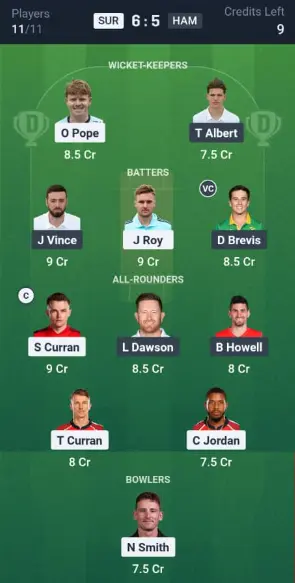 SUR vs HAM Dream11 Best Team Suggestion 2