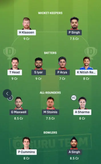 SRH vs PBKS Dream11 Team Option 1