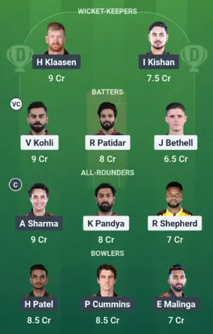 RCB vs SRH Dream11 Team Option 1: Mega Contest Picks