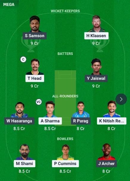 SRH vs RR Dream11 Team 1