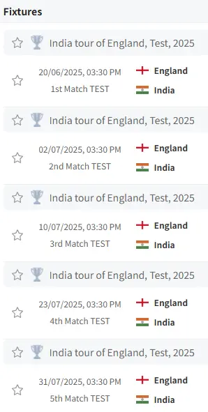 India Cricket National Team Schedule for 2025