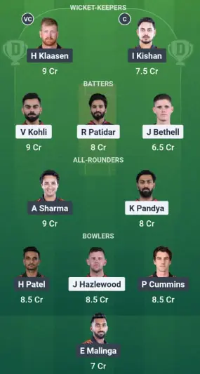 RCB vs SRH Dream11 Team Option 2: Guru Team Picks