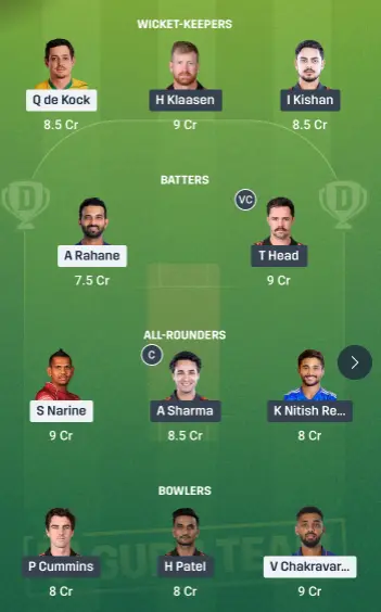 KKR vs SRH Dream11 Team Option 1