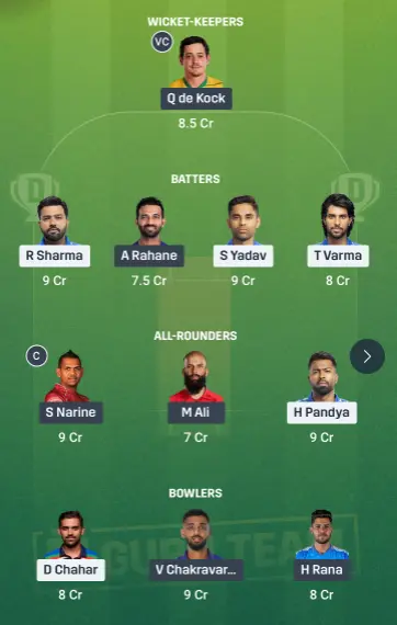 MI vs KKR Dream11 Team 1