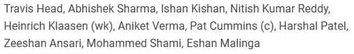 Sunrisers Hyderabad Playing XI